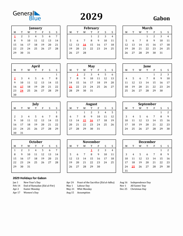 2029 Gabon Holiday Calendar - Monday Start