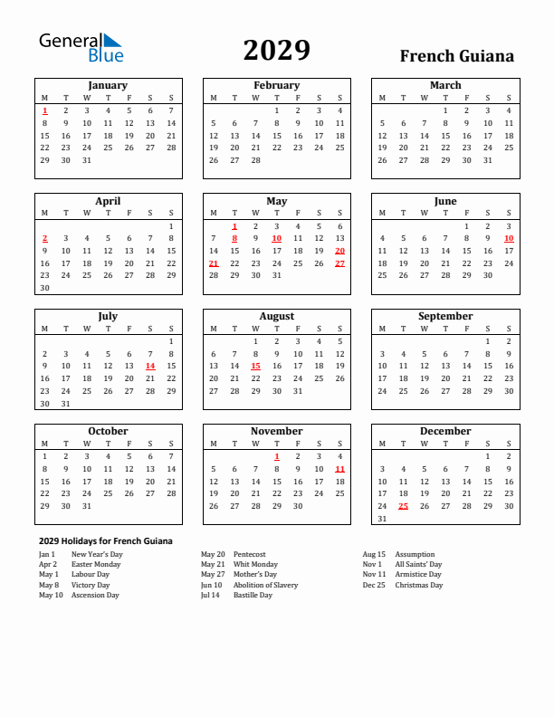 2029 French Guiana Holiday Calendar - Monday Start