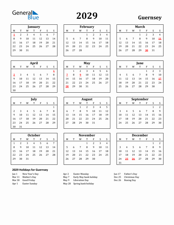 2029 Guernsey Holiday Calendar - Monday Start
