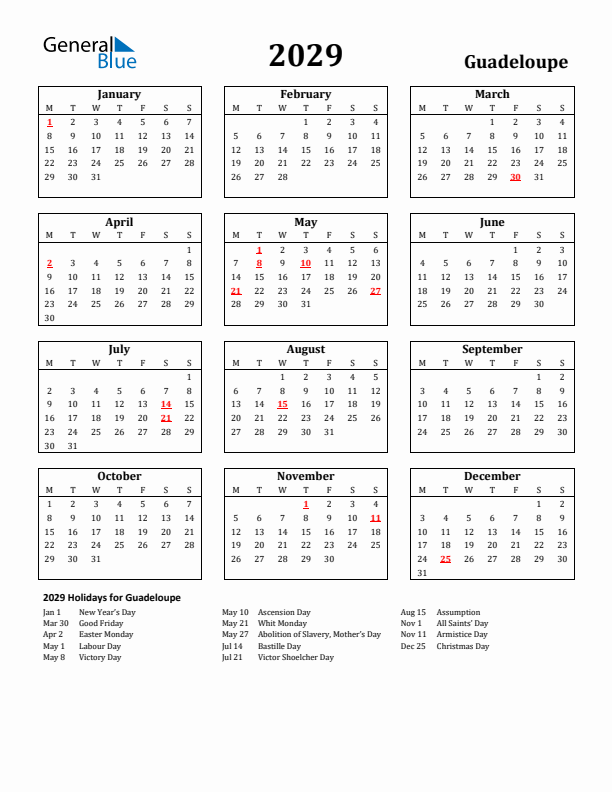 2029 Guadeloupe Holiday Calendar - Monday Start