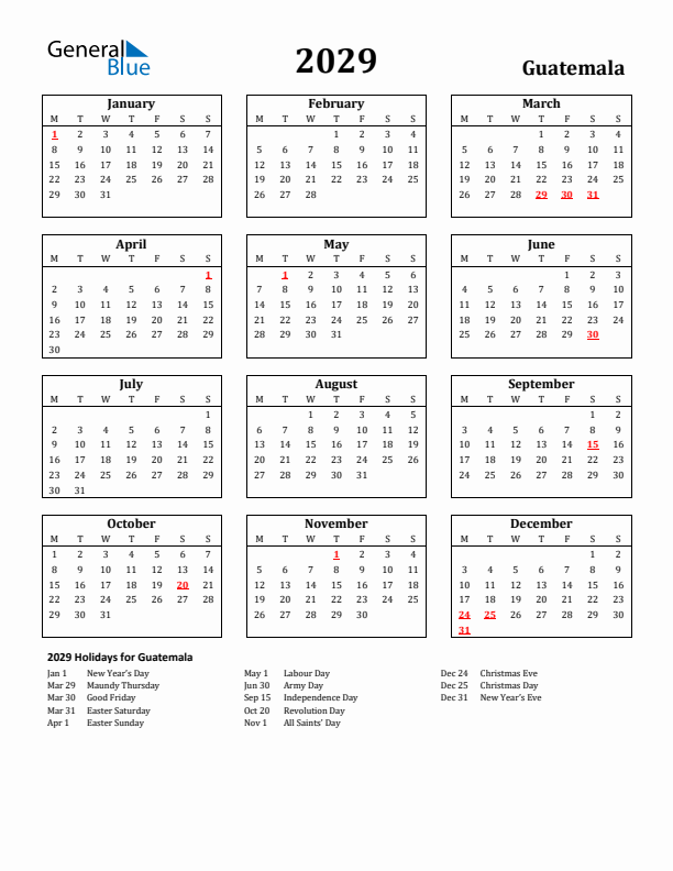 2029 Guatemala Holiday Calendar - Monday Start