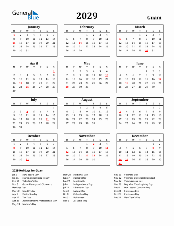 2029 Guam Holiday Calendar - Monday Start