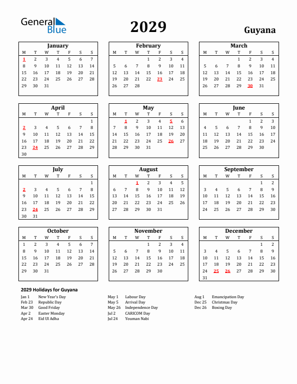 2029 Guyana Holiday Calendar - Monday Start