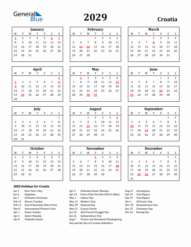 2029 Croatia Holiday Calendar - Monday Start