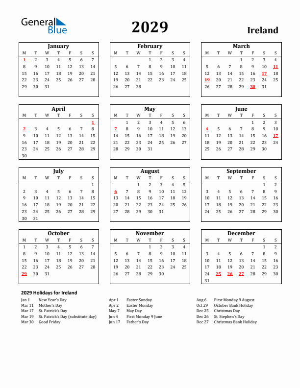 2029 Ireland Holiday Calendar - Monday Start
