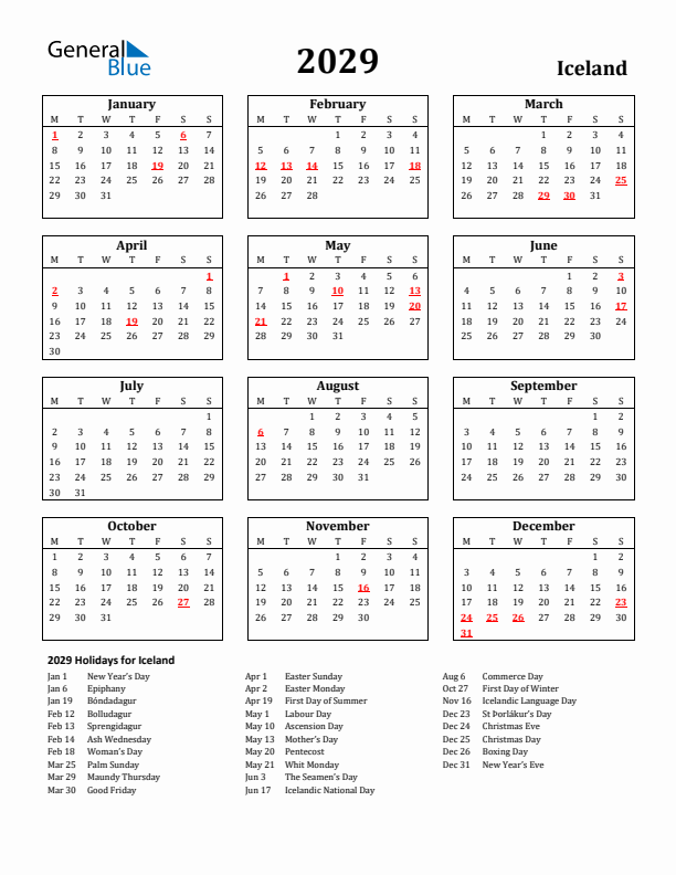 2029 Iceland Holiday Calendar - Monday Start