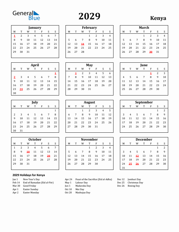 2029 Kenya Holiday Calendar - Monday Start