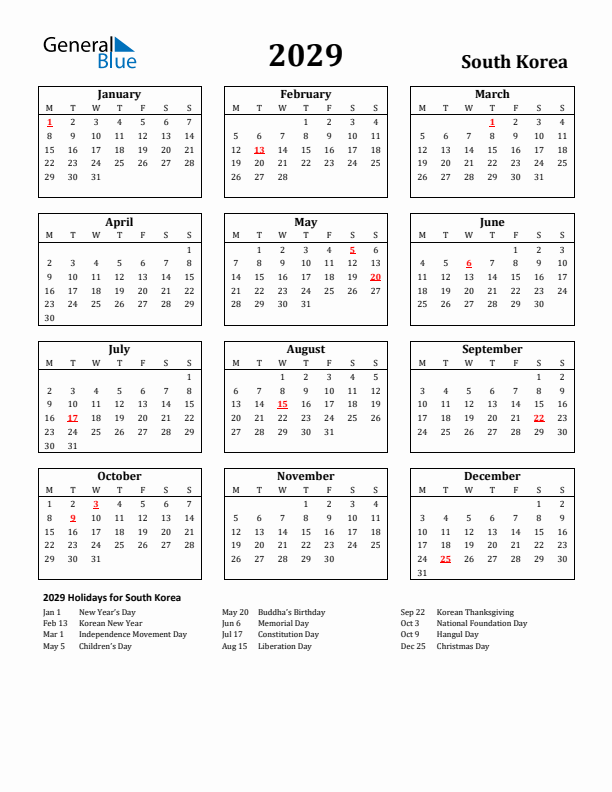 2029 South Korea Holiday Calendar - Monday Start