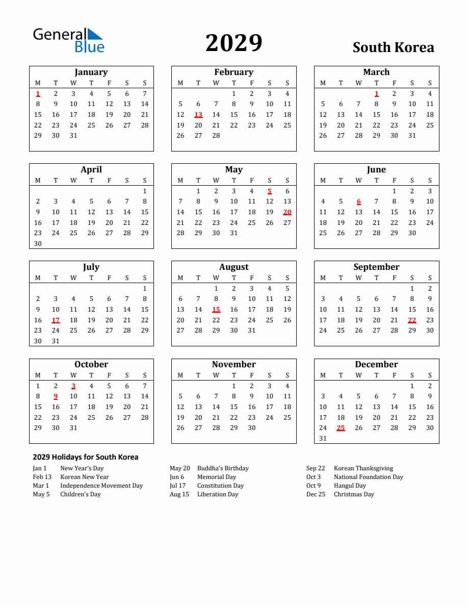 Free Printable 2029 South Korea Holiday Calendar