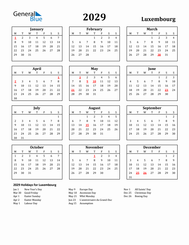 2029 Luxembourg Holiday Calendar - Monday Start