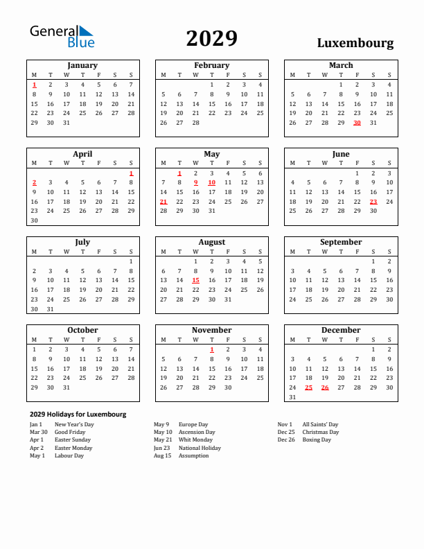 2029 Luxembourg Holiday Calendar - Monday Start