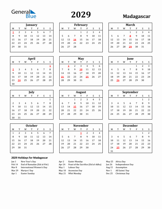 2029 Madagascar Holiday Calendar - Monday Start