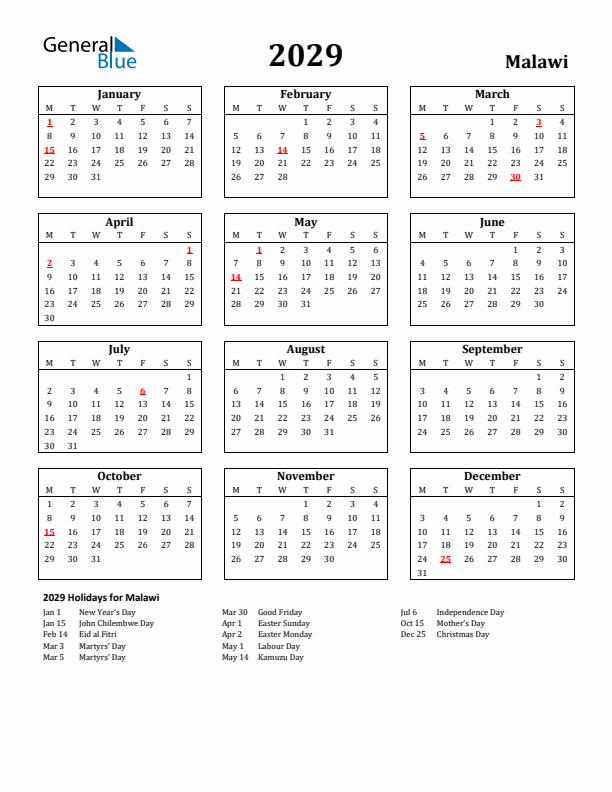 2029 Malawi Holiday Calendar - Monday Start