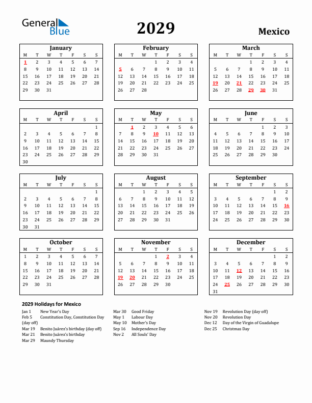 2029 Mexico Holiday Calendar - Monday Start
