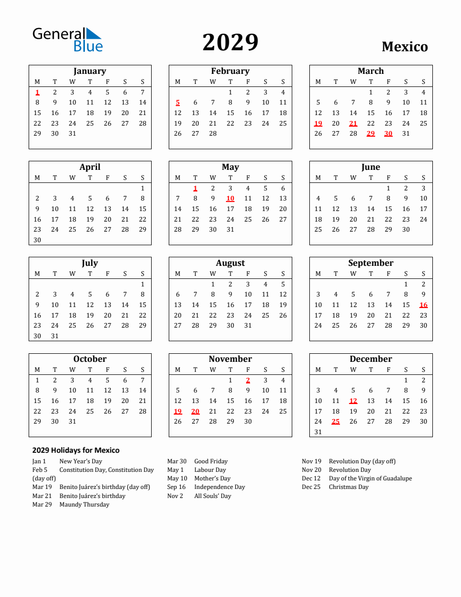 Free Printable 2029 Mexico Holiday Calendar