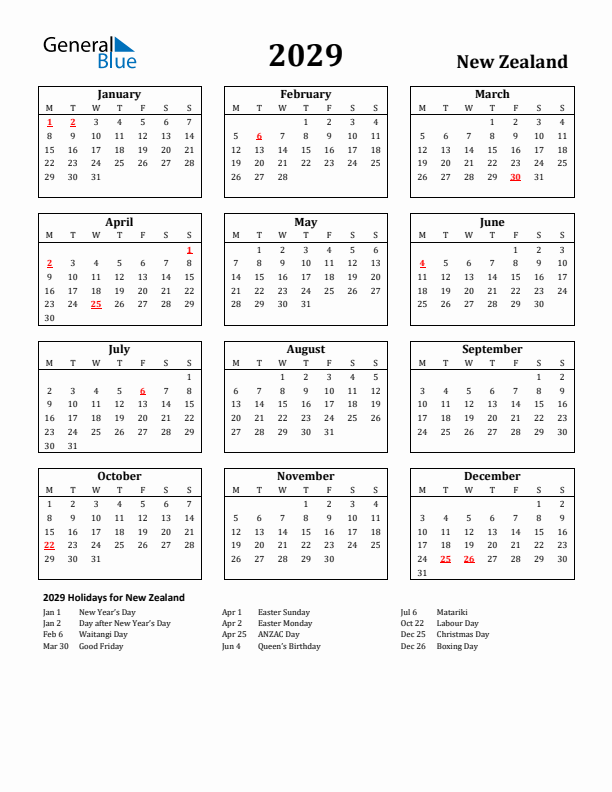 2029 New Zealand Holiday Calendar - Monday Start