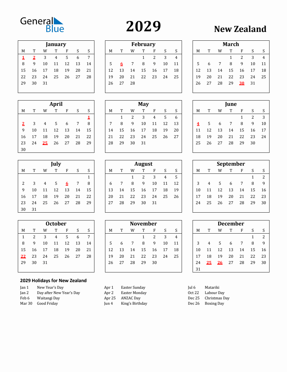 Free Printable 2029 New Zealand Holiday Calendar