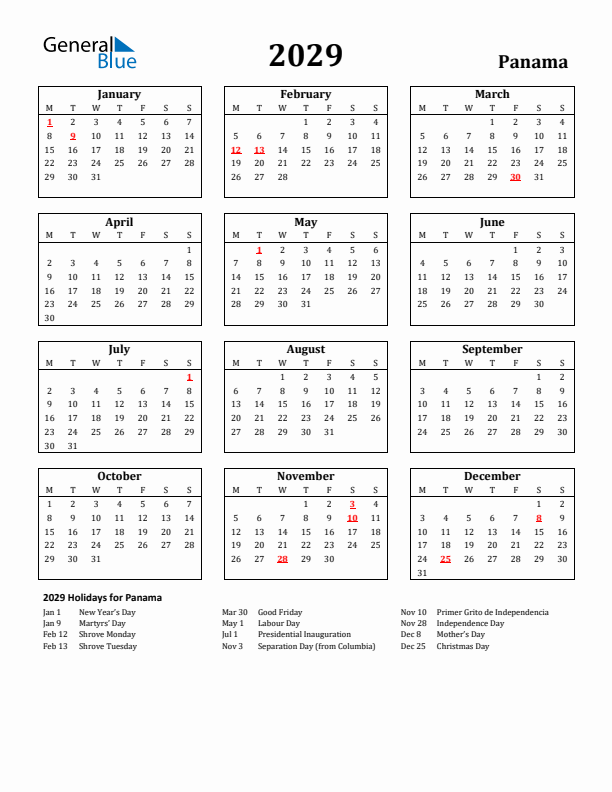 2029 Panama Holiday Calendar - Monday Start