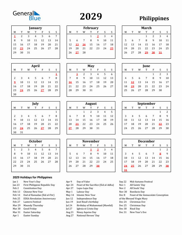 2029 Philippines Holiday Calendar - Monday Start