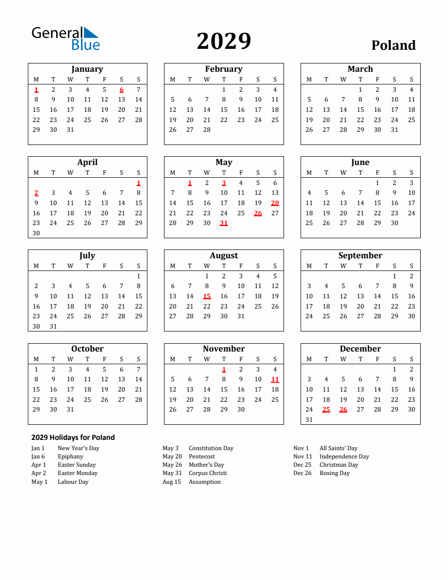 Free Printable 2029 Poland Holiday Calendar