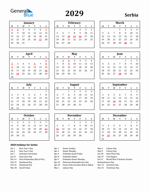 2029 Serbia Holiday Calendar - Monday Start