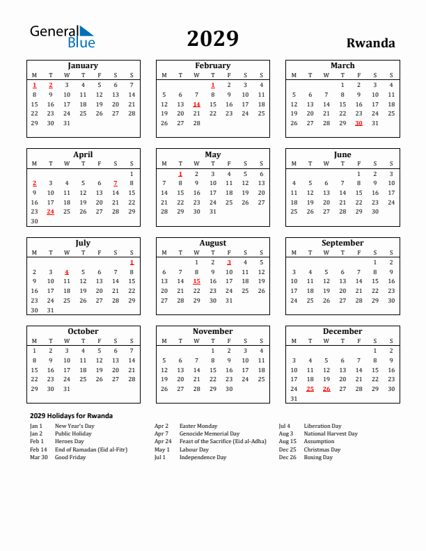 2029 Rwanda Holiday Calendar - Monday Start