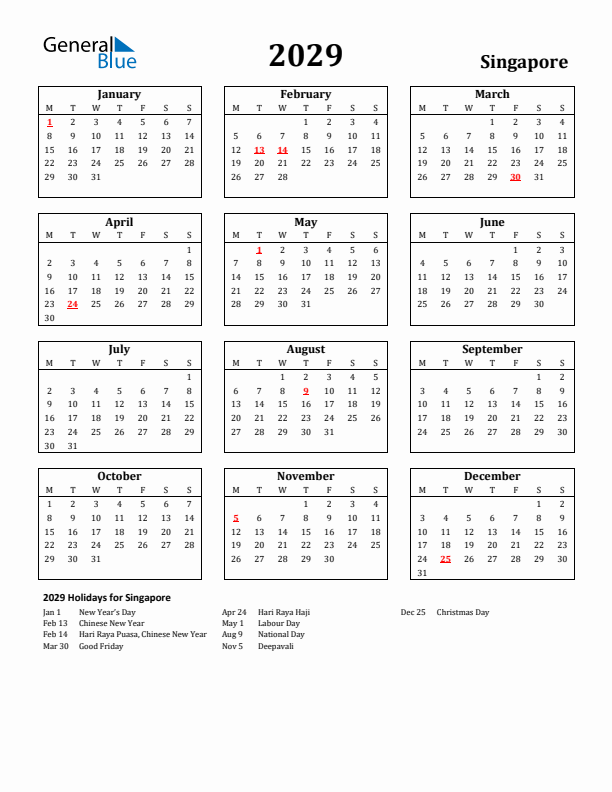 2029 Singapore Holiday Calendar - Monday Start