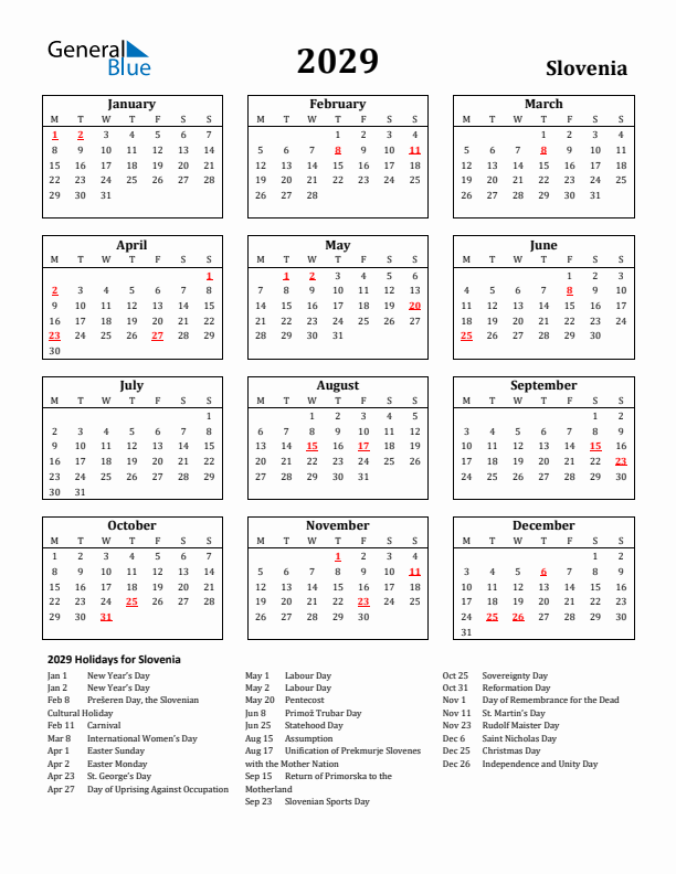 2029 Slovenia Holiday Calendar - Monday Start