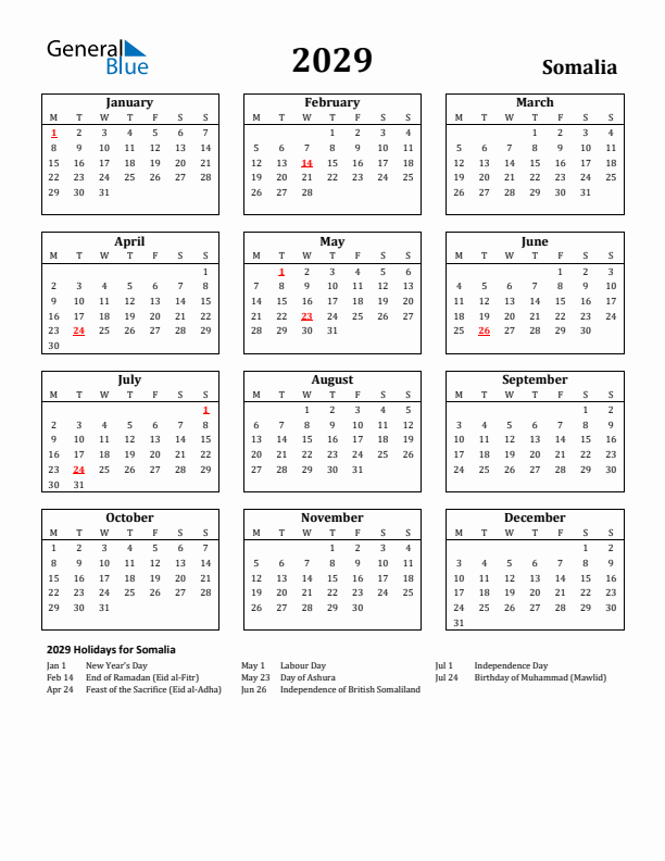 2029 Somalia Holiday Calendar - Monday Start