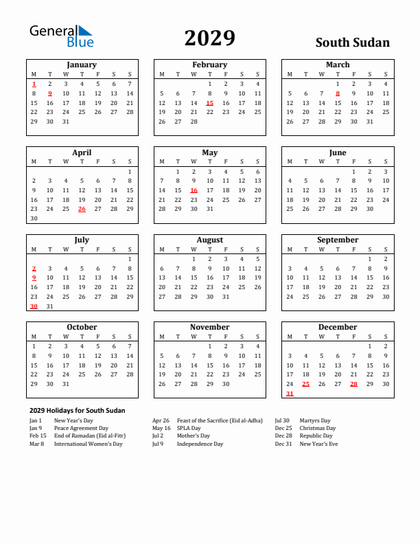 2029 South Sudan Holiday Calendar - Monday Start