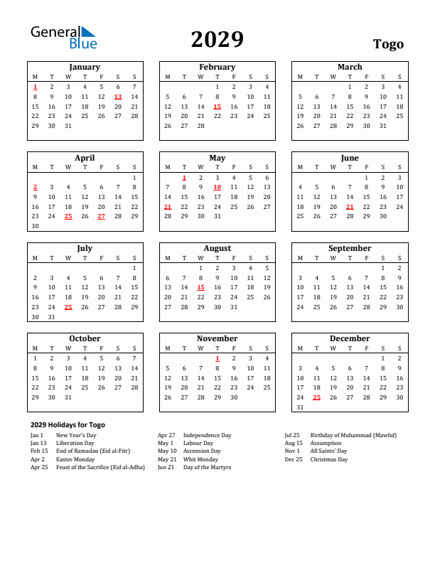 2029 Togo Holiday Calendar - Monday Start