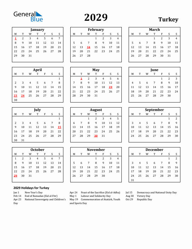 2029 Turkey Holiday Calendar - Monday Start