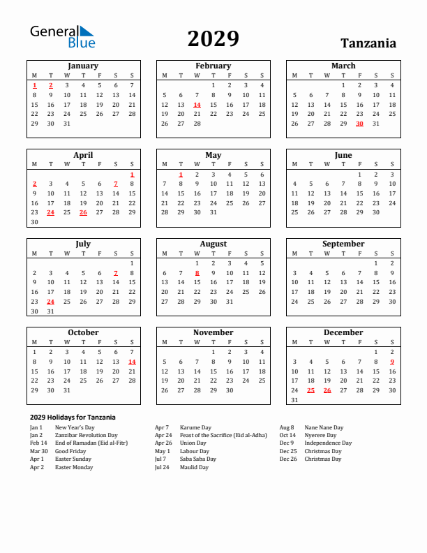 2029 Tanzania Holiday Calendar - Monday Start