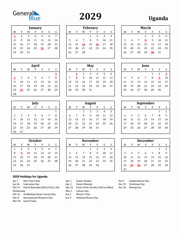 2029 Uganda Holiday Calendar - Monday Start