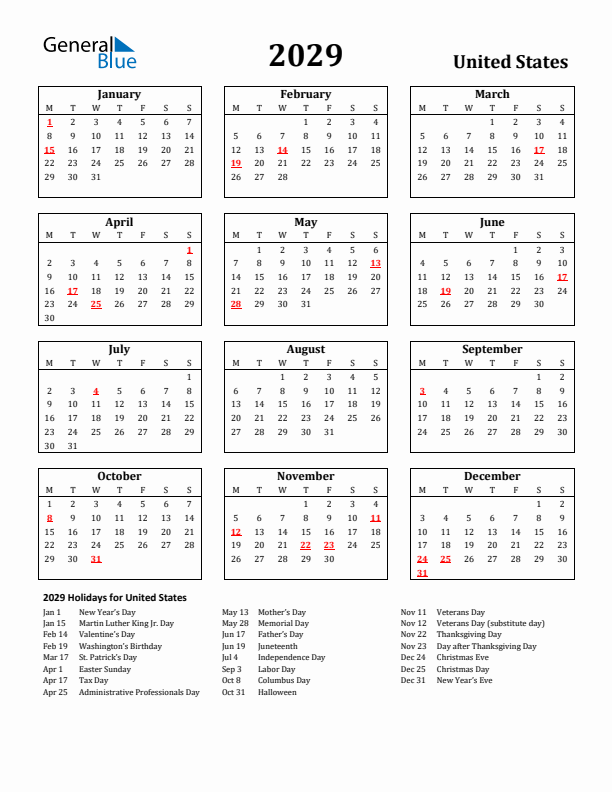 2029 United States Holiday Calendar - Monday Start