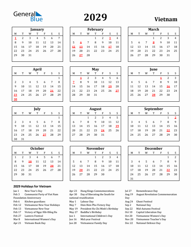 2029 Vietnam Holiday Calendar - Monday Start