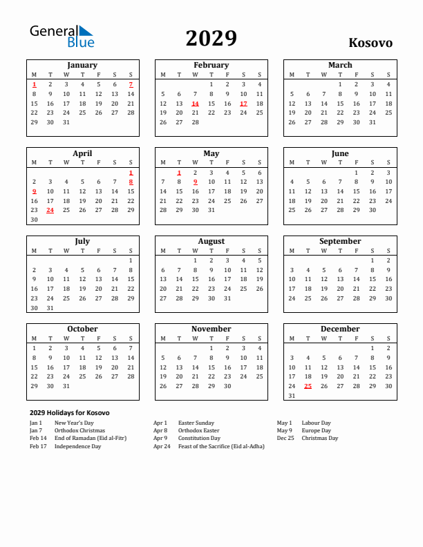 2029 Kosovo Holiday Calendar - Monday Start