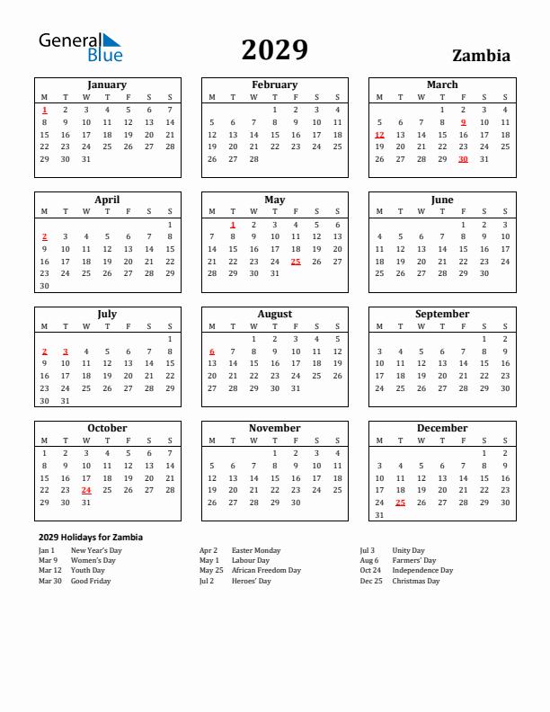 2029 Zambia Holiday Calendar - Monday Start