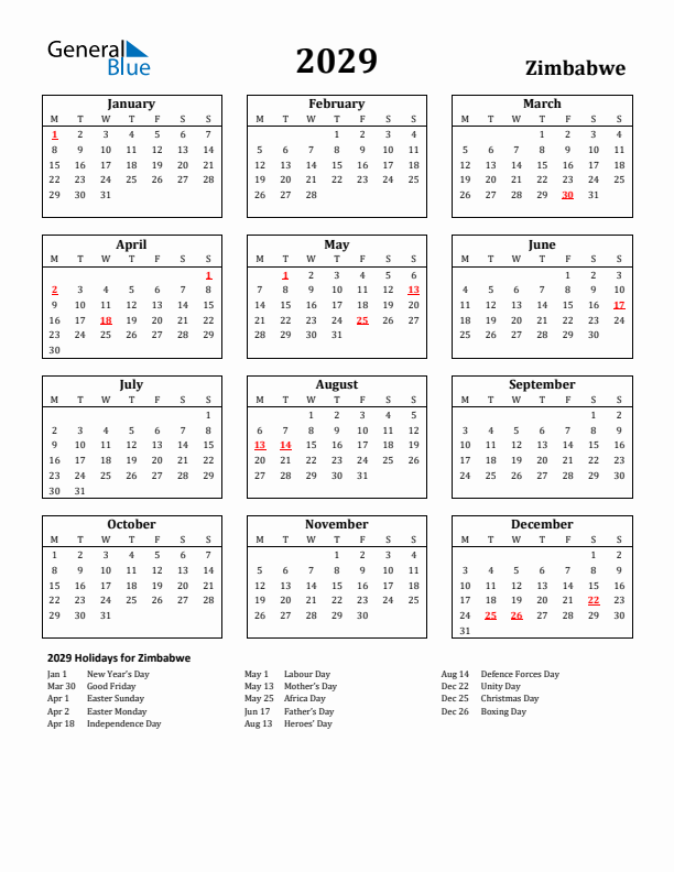 2029 Zimbabwe Holiday Calendar - Monday Start