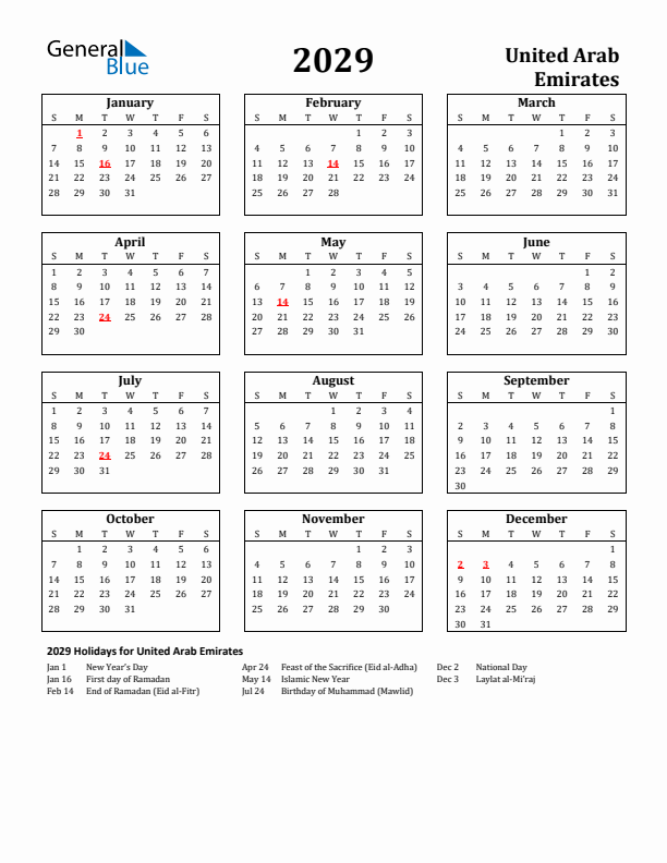 2029 United Arab Emirates Holiday Calendar - Sunday Start