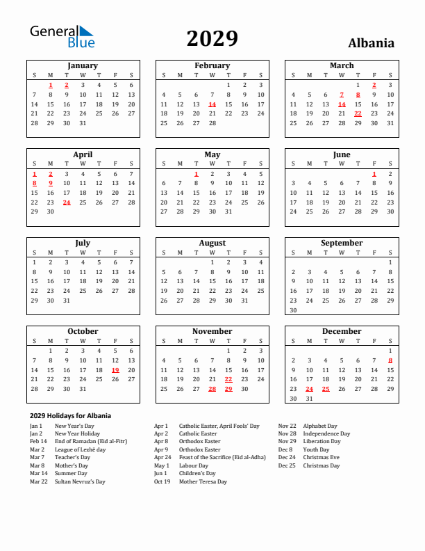 2029 Albania Holiday Calendar - Sunday Start