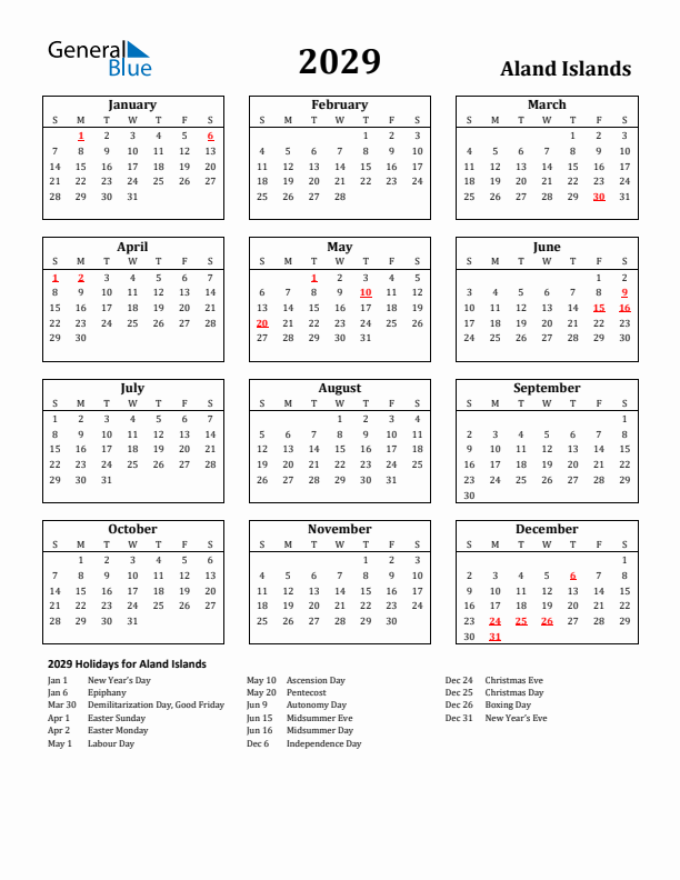 2029 Aland Islands Holiday Calendar - Sunday Start
