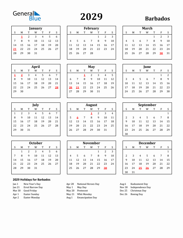 2029 Barbados Holiday Calendar - Sunday Start