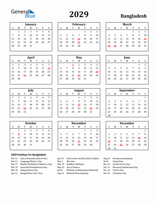 2029 Bangladesh Holiday Calendar - Sunday Start