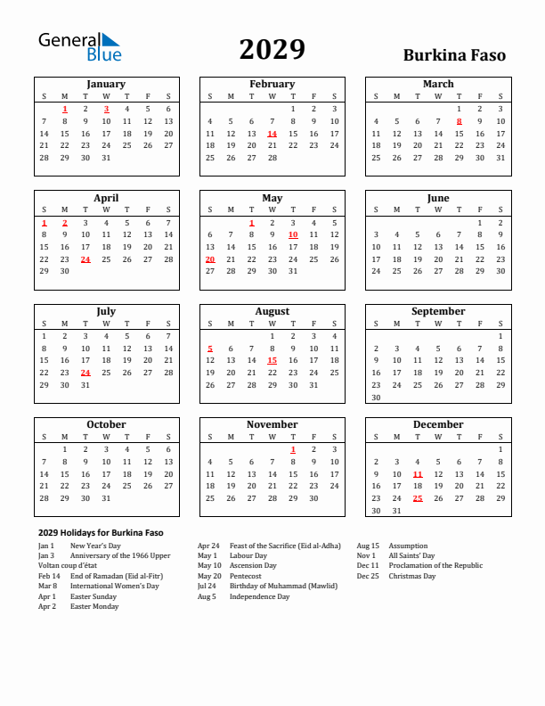 2029 Burkina Faso Holiday Calendar - Sunday Start