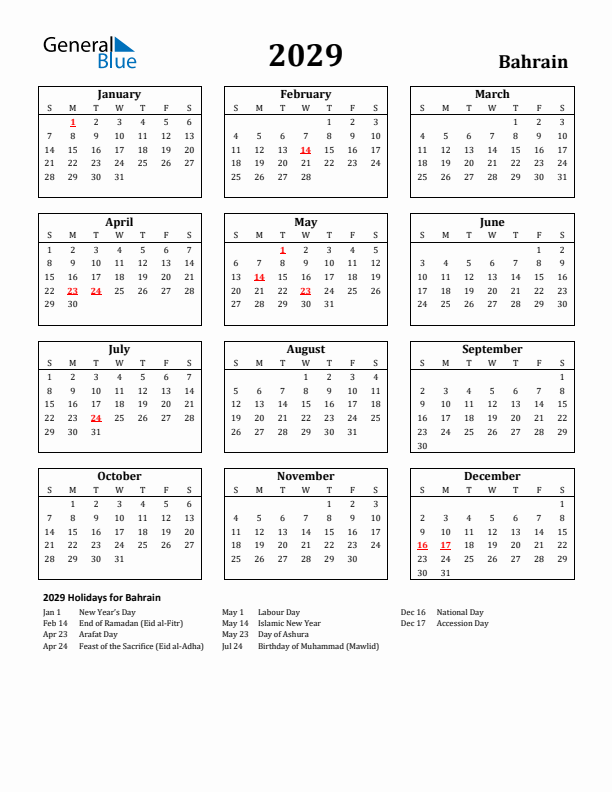 2029 Bahrain Holiday Calendar - Sunday Start
