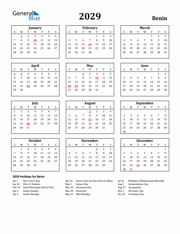 2029 Benin Holiday Calendar - Sunday Start