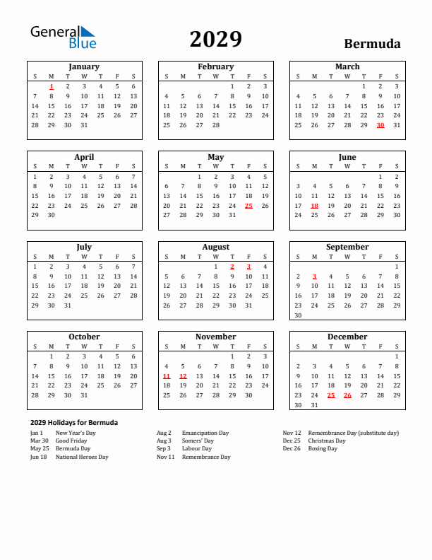 2029 Bermuda Holiday Calendar - Sunday Start