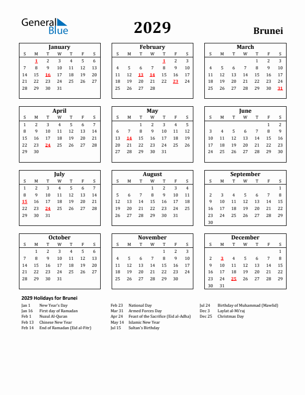 2029 Brunei Holiday Calendar - Sunday Start