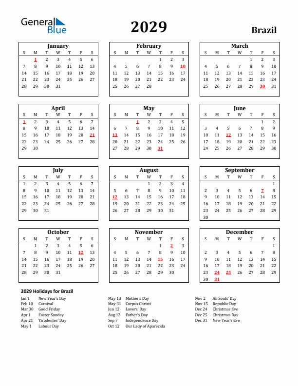 2029 Brazil Holiday Calendar - Sunday Start